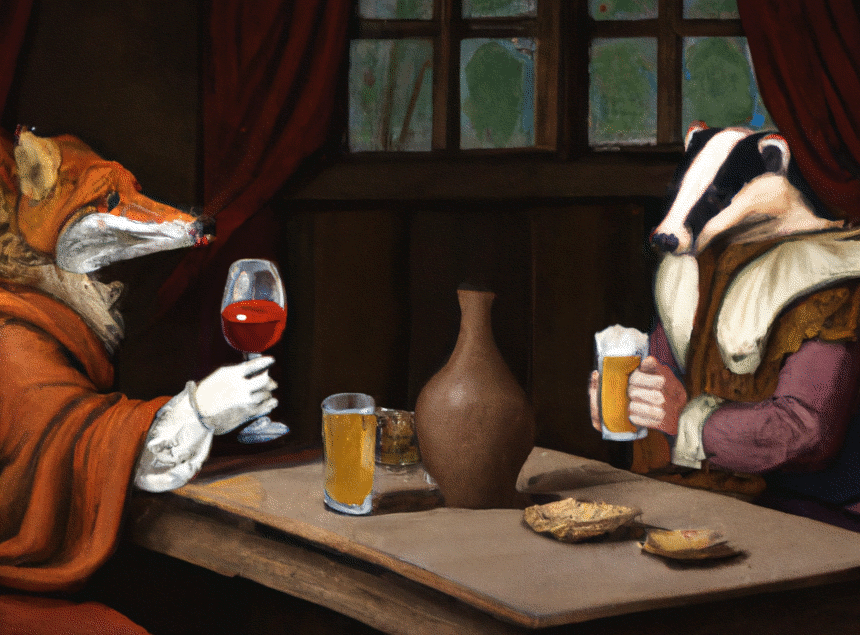 A fox in a monk's robe is having a glass of red wine while sitting at a table in a medieval tavern, a badger opposite him is drinking a glass of beer.